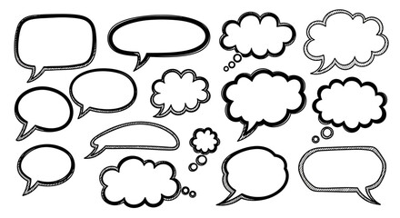 Fototapeta premium A collection of hand-drawn speech and thought bubbles in various shapes and sizes, presented in black and white.