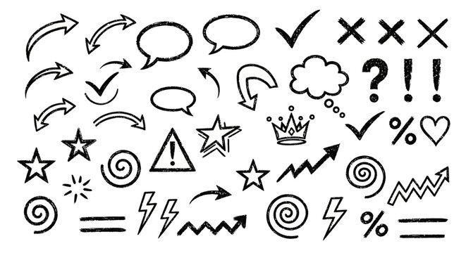 A diverse collection of hand-drawn graphic elements including arrows, checkmarks, crosses, speech bubbles, stars, exclamation marks, and more, presented in a black and white sketch style.