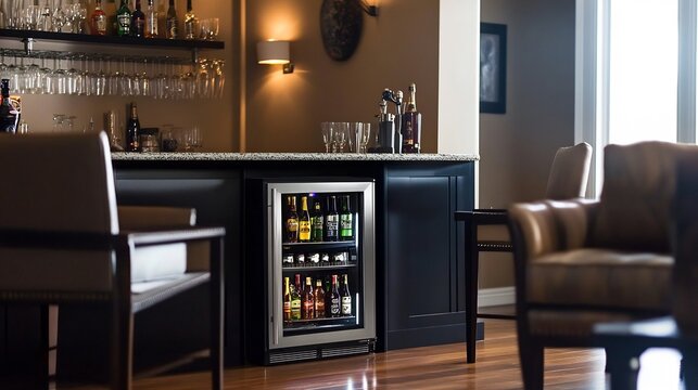 Stylish bar area in a contemporary home featuring a mini refrigerator stocked with beverages surrounded by elegant seating decorative lights and a chic ambiance perfect for entertaining