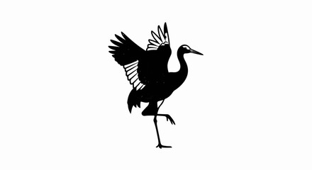 Fototapeta premium A black silhouette of a crane in mid-motion, one leg raised, wings outstretched