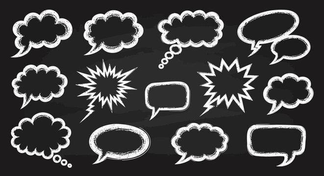 A collection of various white chalk speech and thought bubbles drawn on a black chalkboard background.