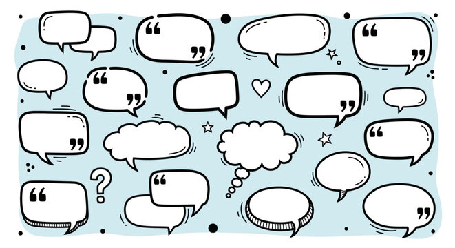 A collection of various hand-drawn speech bubbles and thought clouds on a light blue background with small dots and stars.