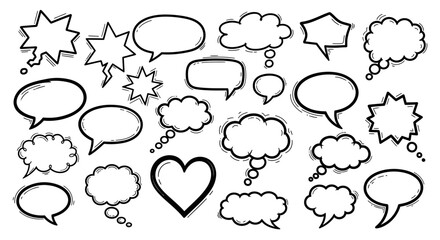 Fototapeta premium A collection of hand-drawn speech bubbles and thought clouds in various shapes and sizes, rendered in a simple black and white sketch style.
