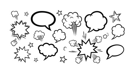 A collection of comic book style speech bubbles and explosion elements with stars and smoke.