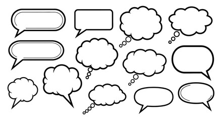 Fototapeta premium A collection of various speech and thought bubbles in different shapes and sizes, presented in a clean, black and white vector illustration.