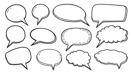 Fototapeta premium A collection of hand-drawn speech bubbles in various shapes and sizes, presented in a black and white sketch style.