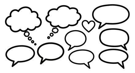 Fototapeta premium A collection of hand-drawn speech and thought bubbles, along with a small heart, arranged in a scattered pattern on a white background.