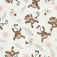 Vector seamless pattern with monkey. Kids background.