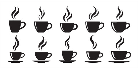 Obraz premium Black Steaming Coffee Cups Vector Icon Set. for Hot Beverages, Morning Drinks, and Cafe Designs.