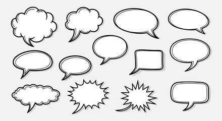 Fototapeta premium A collection of various hand-drawn speech bubbles and thought clouds in different shapes and sizes, isolated on a light gray background.