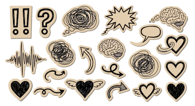 A collection of hand-drawn icons representing thoughts, emotions, and abstract concepts.