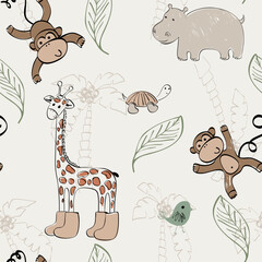 Vector seamless pattern with safari animals. Kids nursery background.