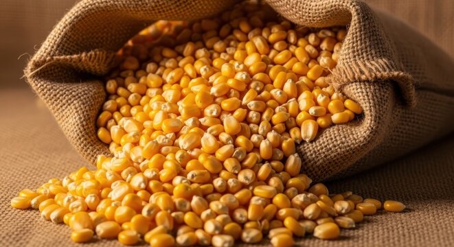 A rich abundance of golden corn kernels spilling from a burlap sack, showcasing nature's bountiful harvest.