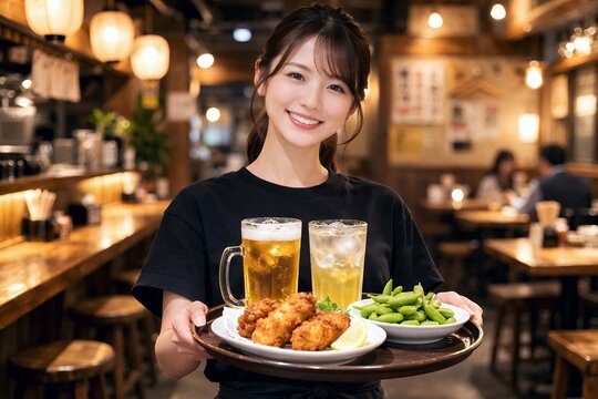 居酒屋でビールとサワーとおつまみの唐揚げと枝豆を運ぶ笑顔の女性店員の上半身写真