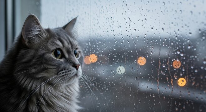 A fluffy grey cat gazes out a rainy window, seeking comfort indoors on a contemplative day