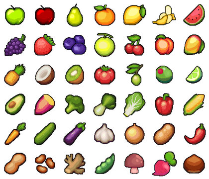 Fruits and Vegetable, Vector, Pixel Art, Collection