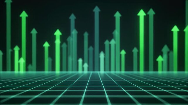 Abstract digital green arrows rising on a perspective grid showing financial growth, stock market success, and positive business trends