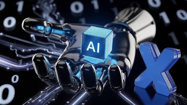 Bionic Dexterous Robotic Hand Holding AI Cube with X Logo, Symbolizing AI-Driven Social Media Automation and Tech Evolution