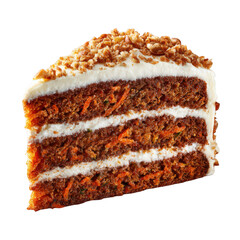 Delicious triple layer chocolate carrot cake slice with cream frosting isolated on transparent background