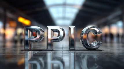 Metallic letters PPIC in a modern, spacious interior with blurred background showcasing depth of field in a contemporary setting