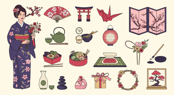 A collection of traditional Japanese cultural elements and symbols, including a woman in a kimono, tea set, origami crane, bonsai tree, and decorative fans.