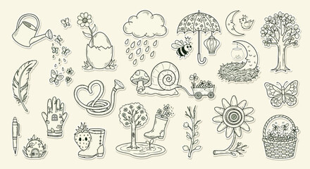 A whimsical collection of hand-drawn doodle illustrations depicting various elements of nature, gardening, and whimsical characters. © GJ
