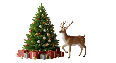 Deer stands beside a festively decorated Christmas tree with gifts
