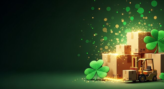 Glowing clover and small forklift moving delivery boxes on green background. St. Patricks Day themed delivery and logistics concept.