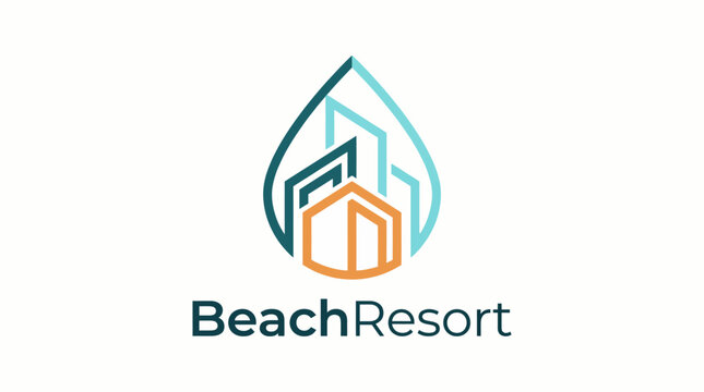 This logo combines a water drop and modern buildings, highlighting a beach resort's refreshing atmosphere, perfect for promotional materials in tourism and hospitality sectors.