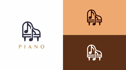 This piano logo design elegantly combines a grand piano silhouette and musical notes, emphasizing artistry and love for music, ideal for music-related businesses. © jim
