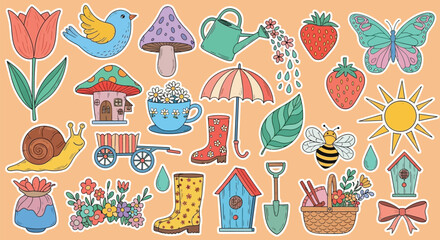 A vibrant collection of whimsical spring and garden-themed illustrations on an orange background.