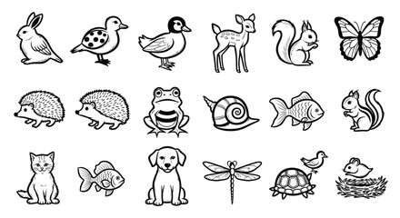 A collection of black and white illustrations of various animals, including mammals, birds, insects, and aquatic creatures, presented in a grid format. © GJ