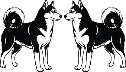 Siberian husky dog silhouette icon set with two standing pets facing each other in profile cad drawing flat vector illustration medical icon © Riya
