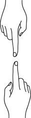 Two fingertips approaching, simple thin line vector on white background silhouette.
