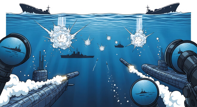 Intense Underwater Naval Warfare Illustration Featuring Submarines Launching Torpedoes in a Strategic Ocean Battle