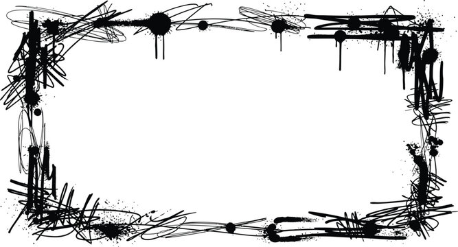 Abstract black grunge frame design featuring chaotic scribbles and heavy paint splatters creating a dynamic border effect around negative space