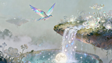 Naklejka premium Enchanting bird with iridescent plumage soars over a magical waterfall in a dreamlike landscape
