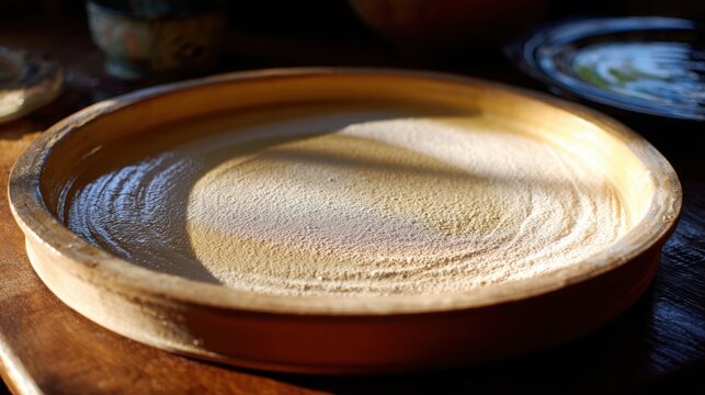 Close-up macro view of raw glaze powder settling on bisque ceramic surface in warm light