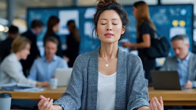 Businesswoman meditating at desk in a busy office setting during working hours