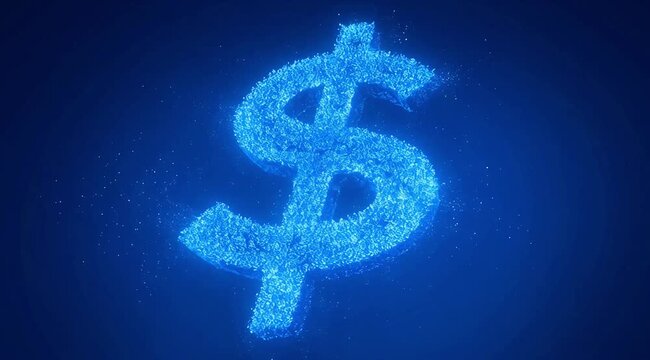 Glowing blue dollar sign made of tiny particles on dark background, symbolizing finance and wealth in a digital illustration.