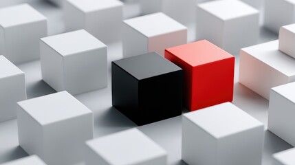 Obraz premium Two Distinct Cubes Among White Blocks Highlight Individuality and Choice in a Minimalistic Environment Emphasizing Color Contrast and Design Elements