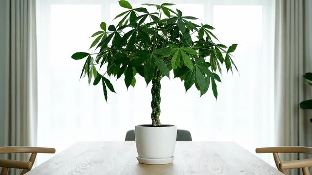 Pachira aquatica money tree on a wooden dining table. Large houseplant in a white pot as home decor centerpiece. Modern interior design concept
