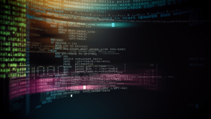 Immersive tunnel of source code and command lines glowing in multiple colors, representing data processing, programming environments and futuristic tech infrastructure. © DBFilms