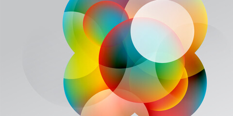 Fototapeta premium Colorful overlapping circles create abstract composition. Gradient hues blend, forming vibrant visual experience. Soft shadows enhance depth.