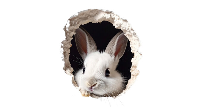 a cute Easter bunny peeping out of a hole, isolated on transparent background