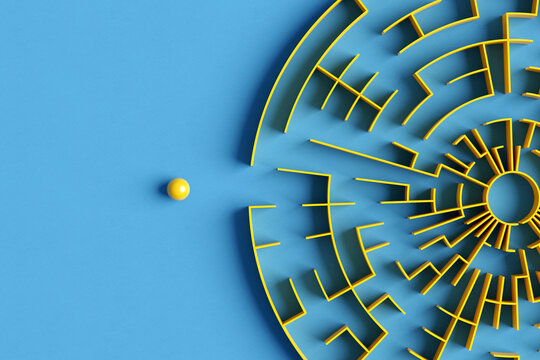 Yellow sphere entering complex circular maze challenge