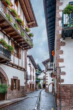 Narrow Street with Flower Balconies in Elizondo, Navarra, Spain, Traditional Architecture, Baztan Valley