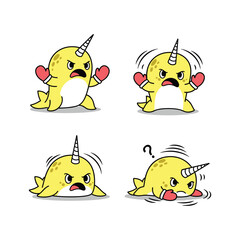 Cartoon narwhal expressing different emotions on white background © AzizStock