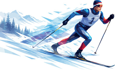 Dynamic skier races down snowy mountain slope, showcasing winter sport action and vibrant colors