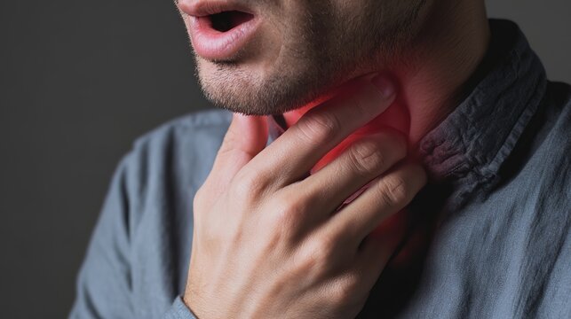 Person touching throat while coughing, showing discomfort from throat irritation, cold symptoms, or respiratory issues. This scene reflects common health conditions like sore throat, cough reflex, thr